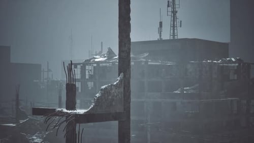 Post-Apocalyptic Ruined Cityscape in Fog Animation