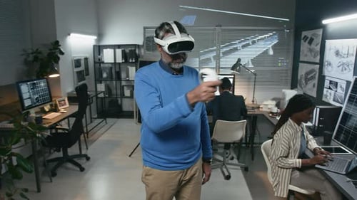 Innovator in Virtual Reality Glasses Working in Renewable Energy Office