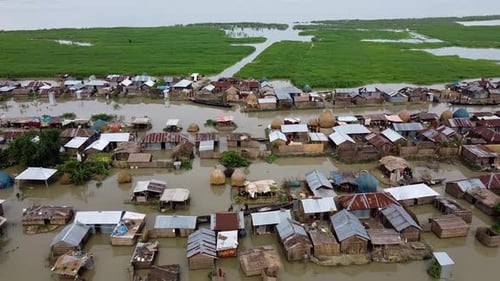 Aerial view of flooded village, Bangladesh.
