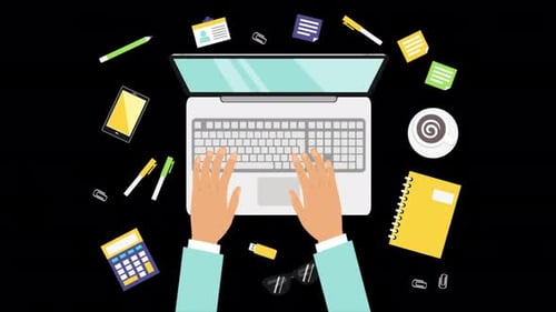 Office Worker Typing On Laptop At Desk 4K Alpha Channel