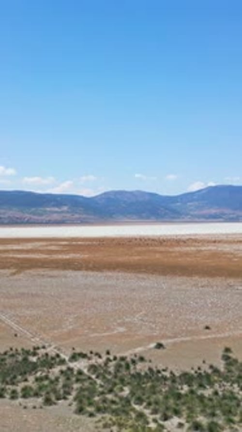 Verticle Dried Lake with Mountain Backdrop - Aerial View