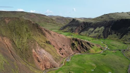 Tourist Routes Through Volcanic Mountain Valley Iceland Northern Landscape From Height Beautiful
