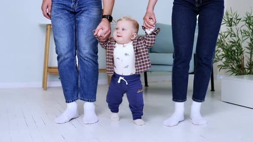 Unrecognized parents wearing jeans hold their toddler son. Lovely cute baby boy learning to walk.