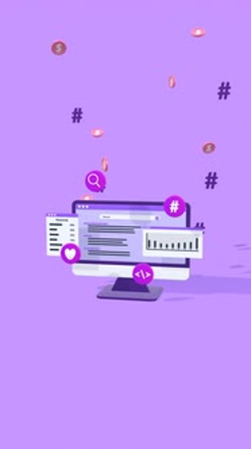 Estratégia de SEO animada e análise de palavras-chave em vídeo vertical para tráfego na web.