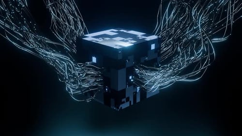 Glowing Blue Wire Cube – Futuristic AI Data Transfer and Network Technology 3D Render