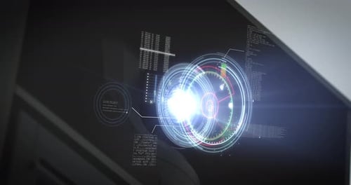 Black surveillance camera analyzes data of recorded scene, face recognition digital security