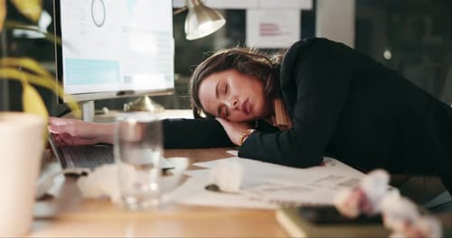 Sleeping, tired and burnout with business woman in office for fatigue, stress and project deadline