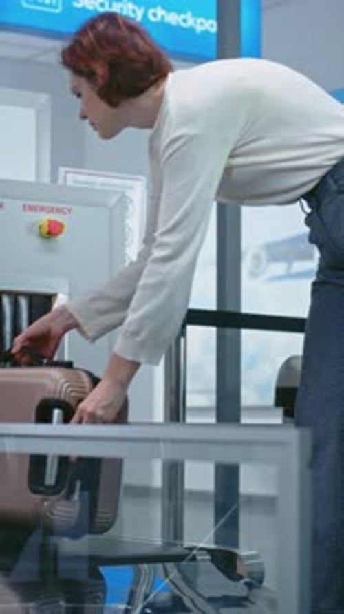 Airport Security Checkpoint Passenger Places Suitcase on Xray Conveyor Belt for Baggage Screening