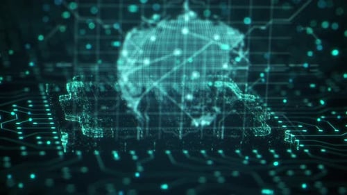 World Map and Earth Sphere on CPU Integrated Circuit Board 3D Render Abstract Background Blockchain