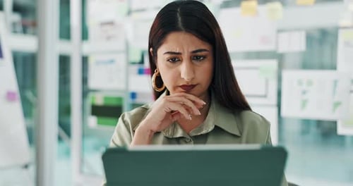 Business woman, thinking or planning with tablet for digital marketing, web design or development