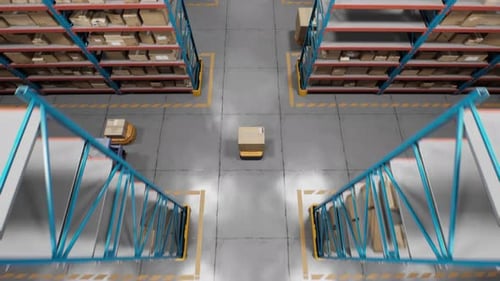 Warehouse Facility Unmanned AGV Robots Delivering Cardboard Boxes Parcels