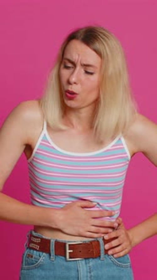 Sick Ill Woman Suffering From Period Cramps Painful Stomach Ache Holding Belly Diarrhea Gastritis