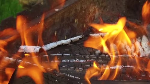Burning Wood with Orange Flames in a Fire Pit