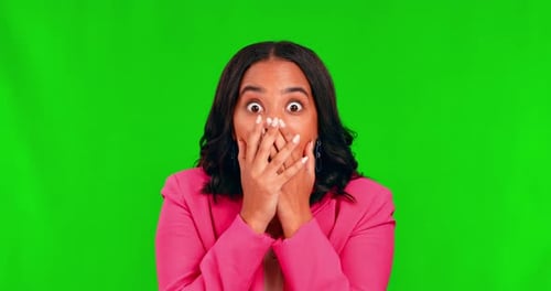 Green screen, face and woman in shock, surprise and wtf reaction in studio for announcement
