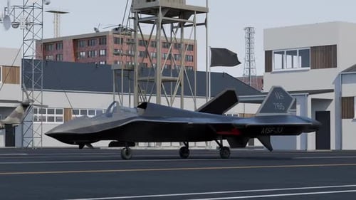 3D Animated Stealth Fighter Jet on Airfield