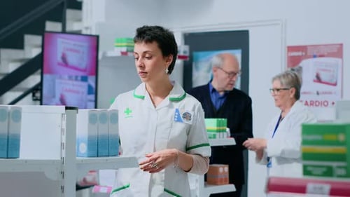Un pharmacien place des médicaments sur des étagères
