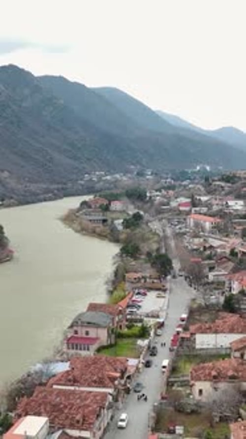Vertical Video Aerial Glimpse of Mtskheta Georgia's Heritage Town