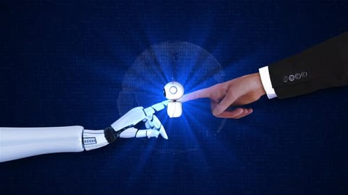 Robot Hand Touch AI, chatbot, interrogation en arrière-plan, robots, système automatique, saisie de code, cybersécurité