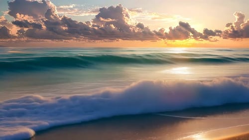 Sunrise over the ocean. Gentle waves crashing on the shore. Dramatic clouds in the sky