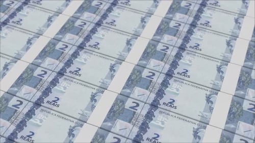 Brazilian 2 Reais Banknotes Seamless Printing Animation