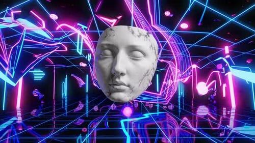 Eine atemberaubende futuristische Neonskulptur ist brillant von einem faszinierenden digitalen Hintergrund umgeben