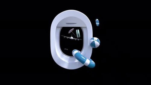 Animated 3D Airplane Window with Travel Accessories Flying Past