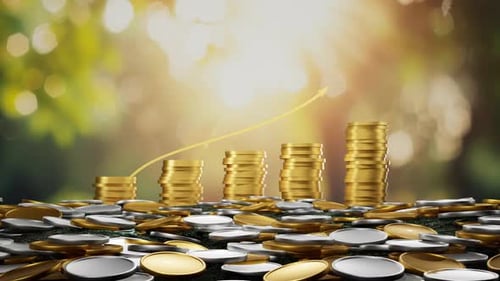 Growth of Financial Investment and Wealth Management with Stacked Gold Coins and Rising Yellow Arrow