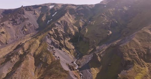 Aerial view of Fagurholsmyri mountain valley, Iceland.