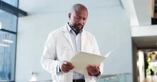 Doctor, folder and stress with black man in hospital for fail treatment, medical report and crisis
