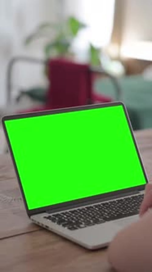 Rear View of Beautiful Woman Working on Laptop with Green Chroma Screen, Vertical Video