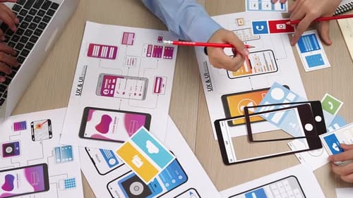 Panorama video of startup company employee plann on user interface. Synergic