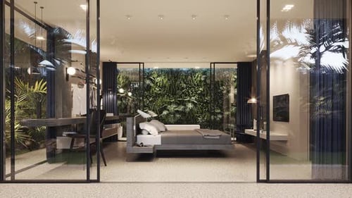 Interior Bedroom in Residential Apartment with Glass Walls Surrounded By Plants