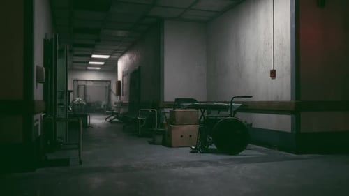 Empty Hospital Corridor with Scattered Medical Equipment in Dim Lighting