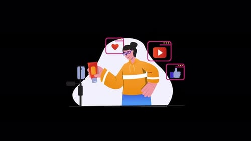 Joven creando contenido con un smartphone, estilo dibujos animados.