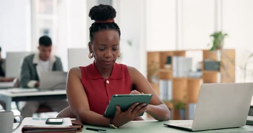 Media agency, thinking and woman in office, tablet and planning with website blog