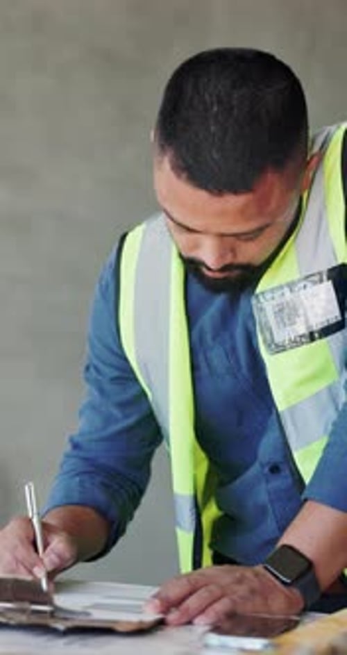 Clipboard, architecture and man construction worker with writing or planning for renovation project