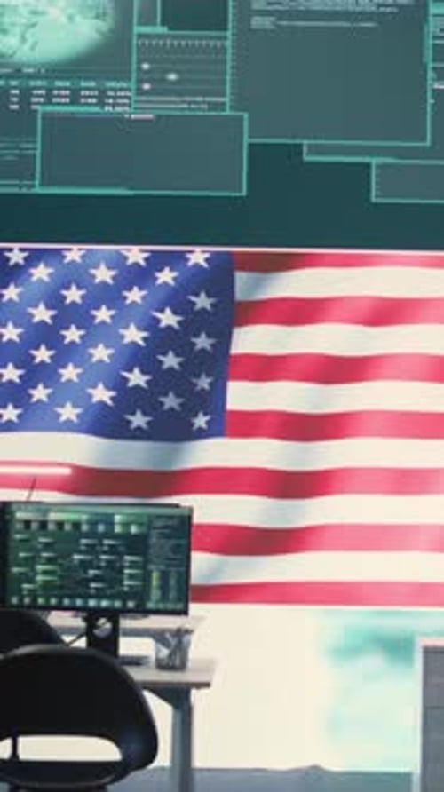 Digital Workspace with American Flag and Computer Code