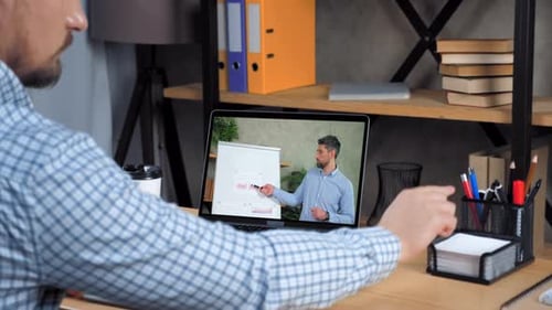 Man Study Watch Online Business Webinar Laptop Listen Teacher Video Call Webcam