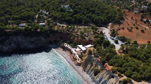 Aerial drone view of one of best resort in Amante, Ibiza, Spain