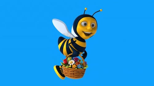Divertida abeja de dibujos animados en 3D con flores (en alfa)