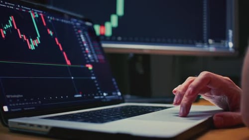 Investor Laptop with a Terminal Graphs and Charts Cryptocurrency Bitcoin USD Global Market Analysis