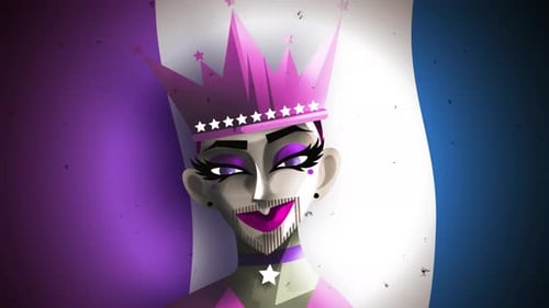 beau modèle de drag queen non binaire portant une couronne rose avec un drapeau de fierté dans une scène de portrait dynamique