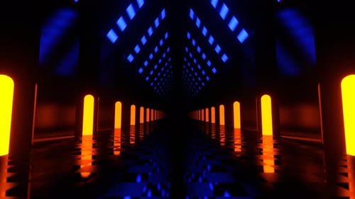Orange And Blue Corridor With Tall Neon Columns Background Vj Loop I 4K