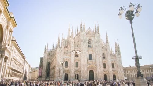 Crowded Square in Center of Milan Against Duomo Church