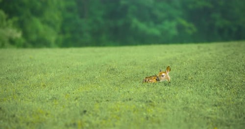 Resting Fawn Grooming in a Green Meadow