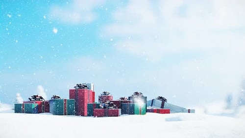 Winter Holiday Scene with Falling Snow and Gifts