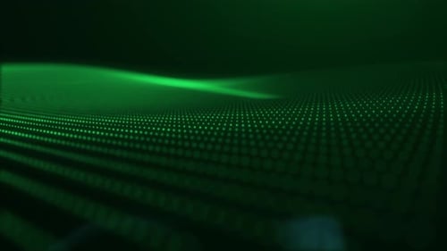 Green digital grid wave forms a smooth data surface with clean futuristic depth and subtle motion