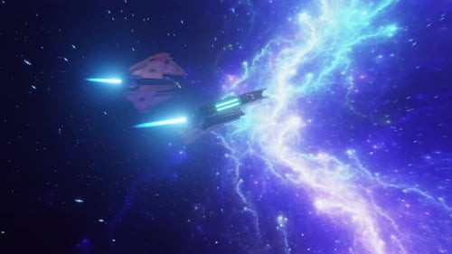 Futuristic Spaceship Flying Through Cosmic Nebula in Deep Space