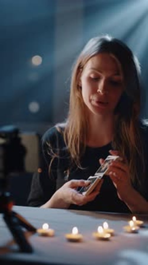 Woman Reads Tarot Cards with Candles in Dim Light