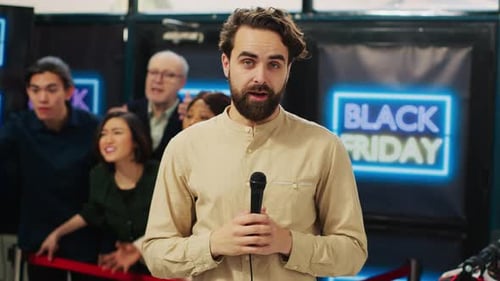 News Reporter in Crowded Clothing Store